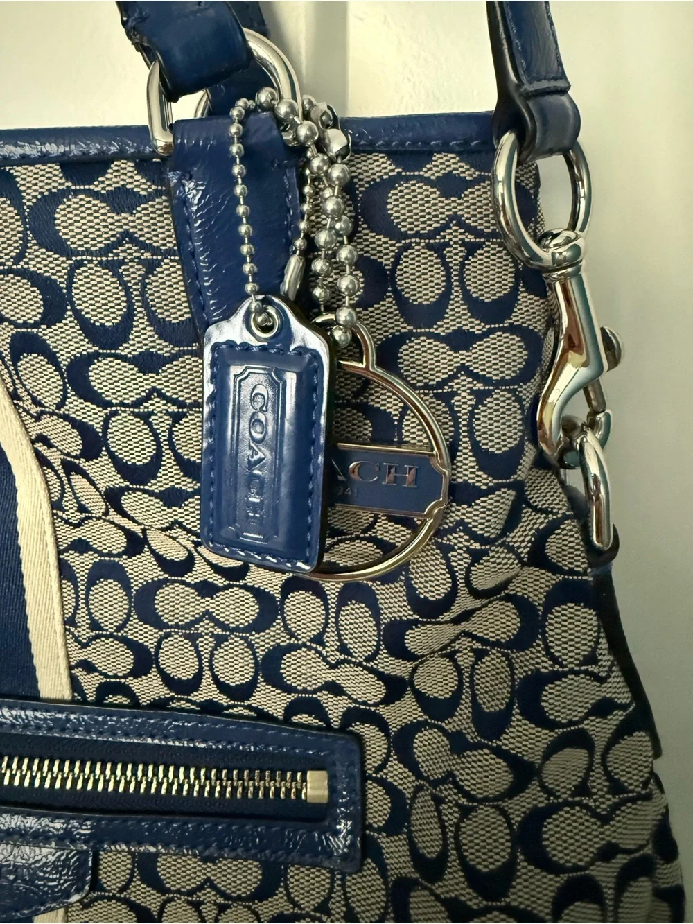 Coach Blue and Tan Signature Stripe Shoulder Bag